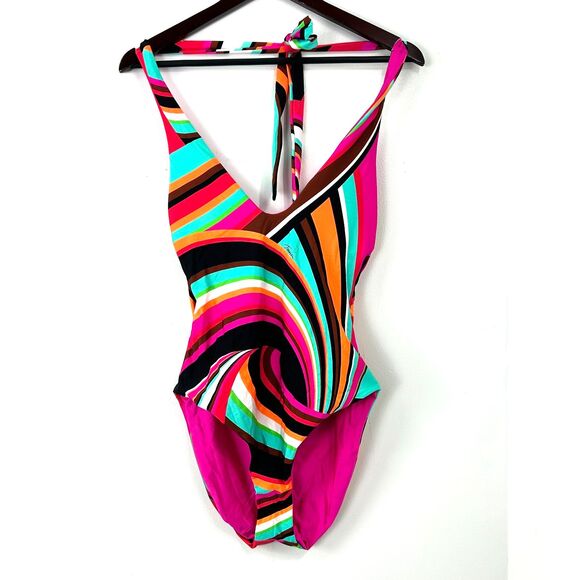 New Trina Turk Swoop Reversible Halter One Piece Swimsuit Womens Size 8 1408T4 - Picture 4 of 12